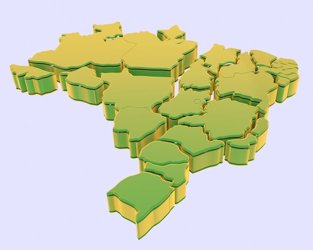 Foto ilustração 3d do mapa do brasil em verde e amarelo dividido por estados isolados em branco azulado