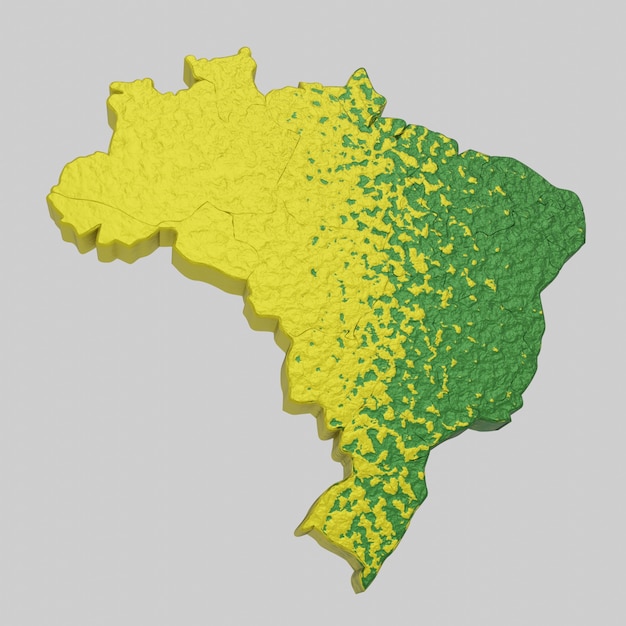 Foto ilustração 3d do mapa do brasil em verde e amarelo texturizado verticalmente isolado em cinza claro