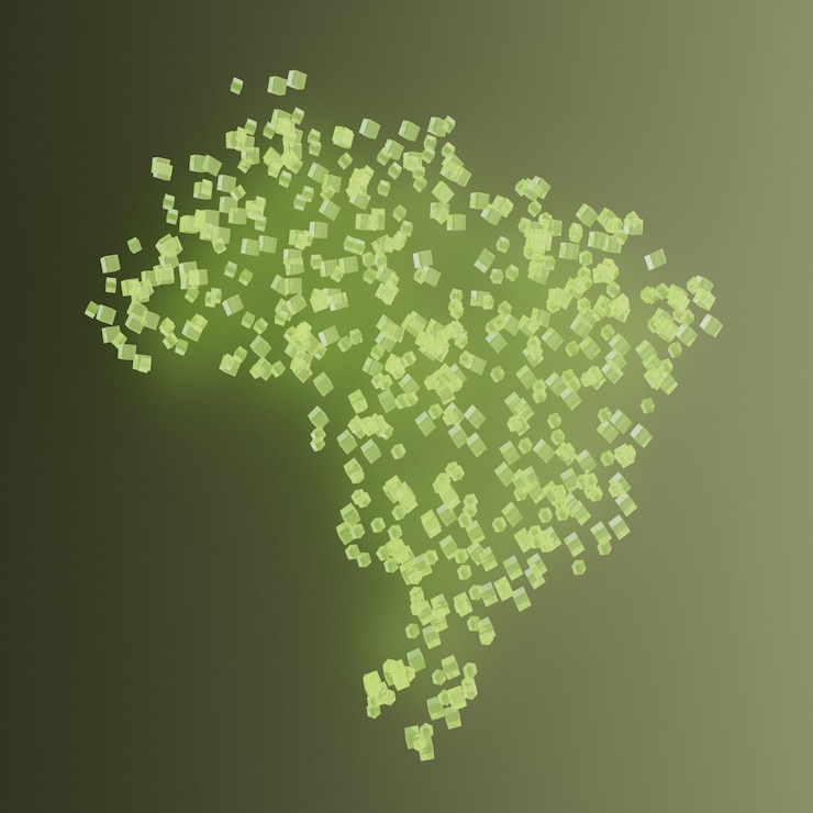 Foto ilustração 3d do mapa do brasil feito de cubos verdes iluminados em fundo preto iluminado