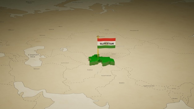 Ilustração 3d do mapa do tajiquistão com bandeira no mapa do mundo