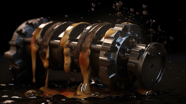 Ilustração 3D do motor Partes do motor como pistões do virabrequim com spray de óleo de motor gerador ai