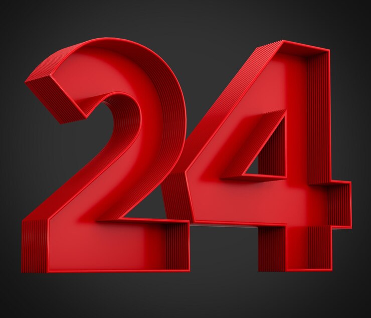 Foto ilustração 3d do número vermelho 24 ou vinte e quatro sombra interna