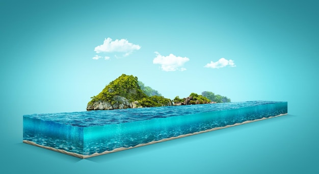 Ilustração 3D do oceano isolado com nuvens. Fundo de viagens e férias. Ondas de surf.