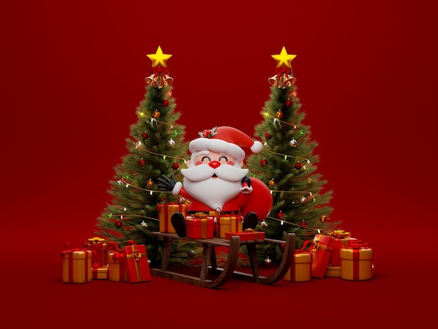 ilustração 3D do Papai Noel com trenó e saco de presente em fundo vermelho