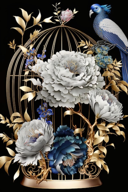 ilustração 3D do pássaro na gaiola dourada com flores no fundo preto