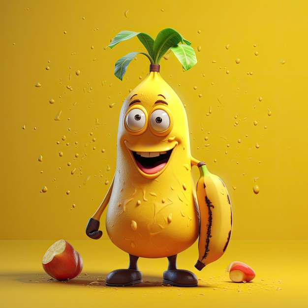 Ilustração 3D do personagem de banana que é desenhado no estilo cartoon AI gerado