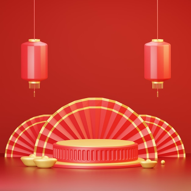 Ilustração 3d do pódio com lanterna chinesa feliz ano novo chinês