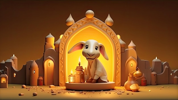 Ilustração 3D do pôster de saudação do Eid Al Adha gerado por IA