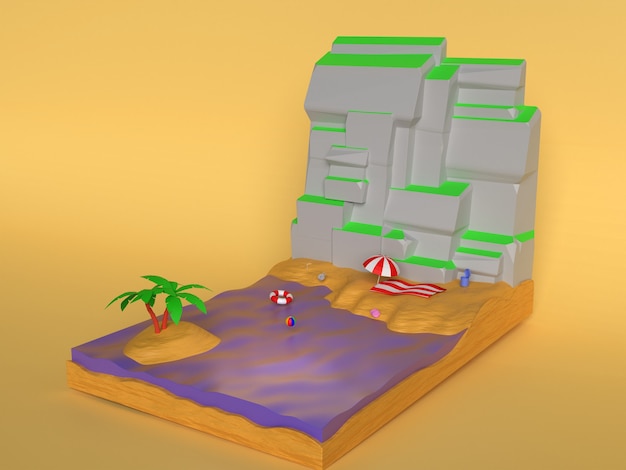 Ilustração 3d do projeto do fundo da praia no verão