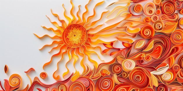 Ilustração 3D do sol com padrão vermelho e laranja em fundo branco