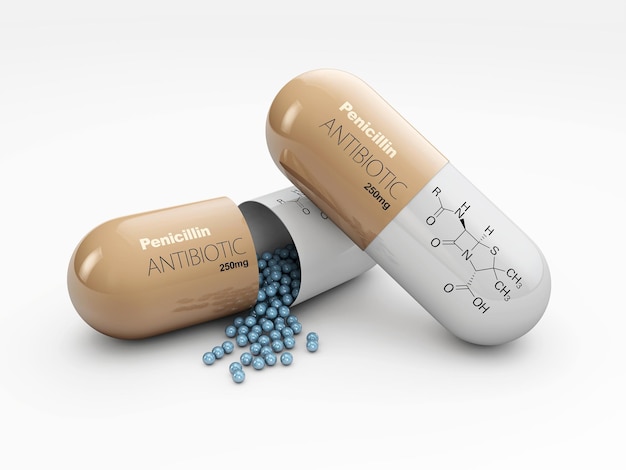 Foto ilustração 3d do tema da farmácia, comprimido aberto do antibiótico da medicina, branco isolado.