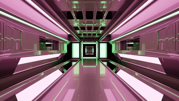 Ilustração 3D do túnel longo abstrato futurista 4K UHD com cor rosa e design criativo simétrico moderno com luz brilhante