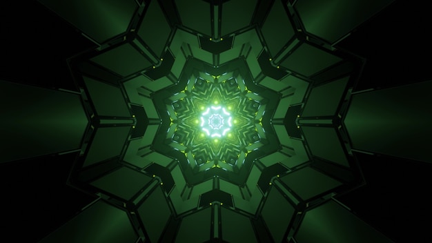 Ilustração 3d do túnel simétrico no escuro com luzes de néon verdes refletindo nas paredes geométricas