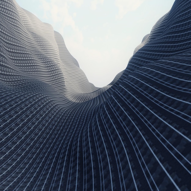 ilustração 3D do vale da montanha coberto de tecido listrado azul escuro e branco texturizado o