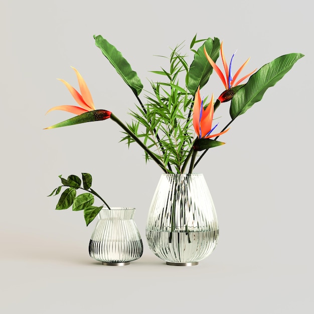Foto ilustração 3d do vaso de flores decorativo definido dentro isolado no fundo branco