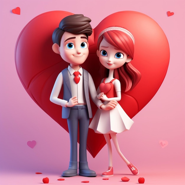 Ilustração 3D dois personagens segurando coração dia de São Valentim AI generativo