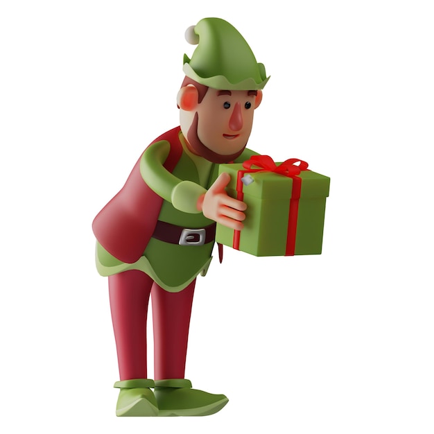 Foto ilustração 3d elf personagem de desenho animado 3d dando presentes especiais para celebrar o natal ligeiramente