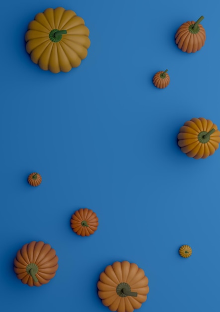 Ilustração 3D em azul pastel escuro brilhante outono outono exposição de produto com tema de Halloween fundo do pódio ou papel de parede com abóboras fotografia vertical do produto plana vista superior plana de cima