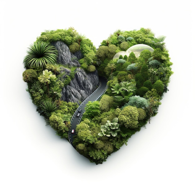Ilustração 3D em forma de coração de selva e verde