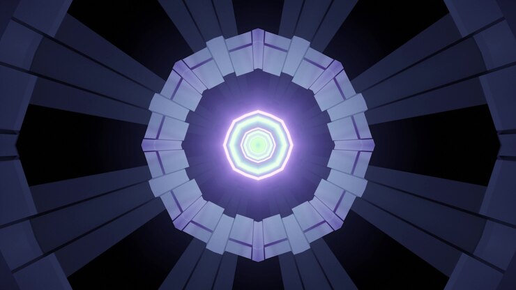 Foto ilustração 3d em tons de azul e roxo da perspectiva do túnel com design poligonal simétrico e linhas de néon brilhantes para arquitetura futurista e conceito de tecnologia
