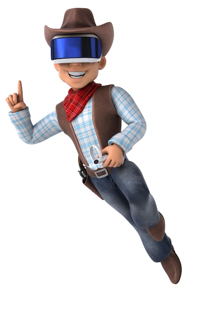 Ilustração 3D engraçada de um cowboy com um capacete de realidade virtual