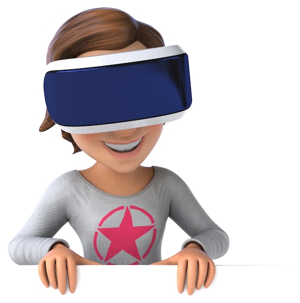 Ilustração 3d engraçada de uma adolescente com um capacete de realidade virtual