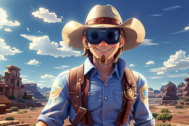 Ilustração 3D engraçada do estilo Anime de um cowboy com um capacete vr