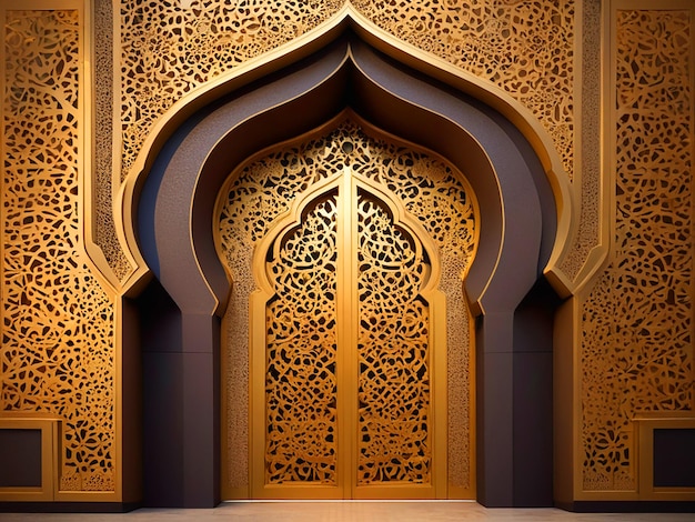 Ilustração 3D entrada do portão ornamento islâmico textura dourada para fundo ramadan alta resolução