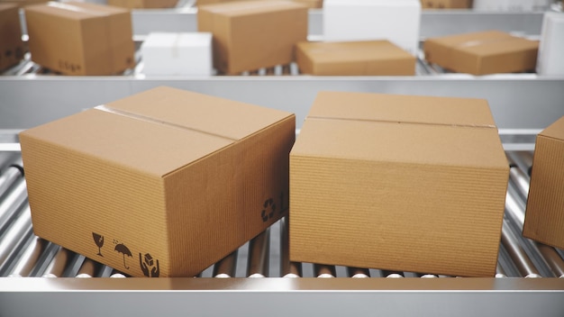 Ilustração 3D Entrega de pacotes, serviço de embalagem e conceito de sistema de transporte de encomendas, caixas de papelão em uma esteira transportadora em um armazém, três esteiras transportadoras