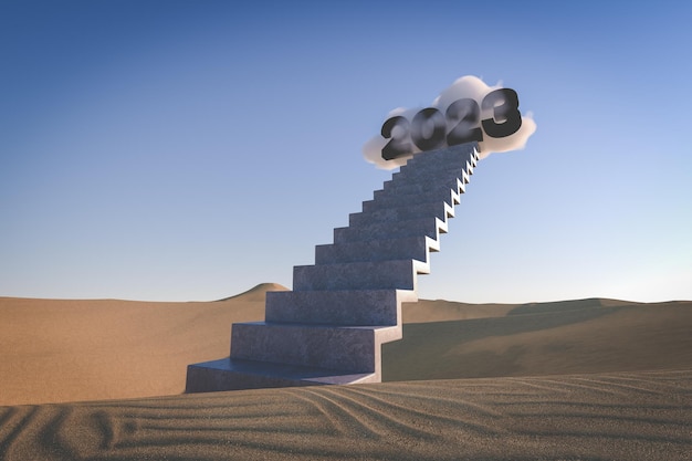 Ilustração 3D Escadas no deserto com uma nuvem com o número 2023 Ano Novo 2023