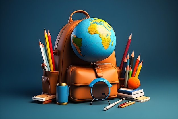 Ilustração 3D escola e educação conjunto bolsa escolar globo caso lápis pincel pincel lentes generativo ai