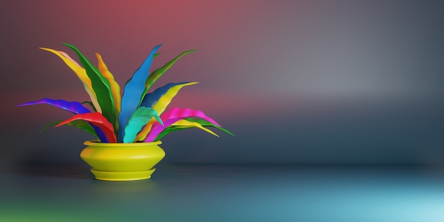 Ilustração 3D estilizada. Flor em casa em uma panela com folhas coloridas. Lugar para texto