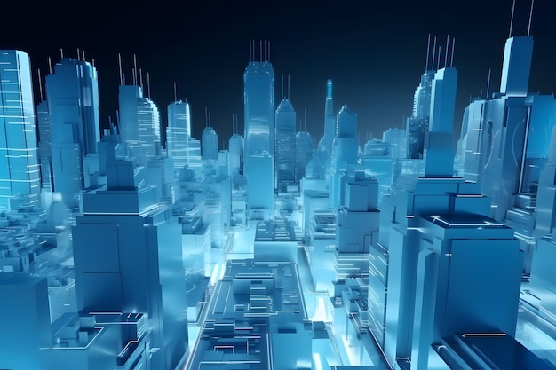 ilustração 3d estilo 3d cidade futurista fundo azul metaverso mundo digital imóveis online na cidade virtual mercado imobiliário no metaverso generativo ai