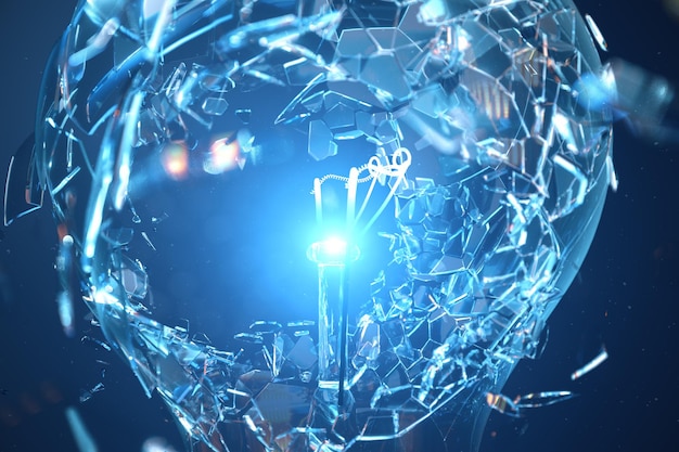 Ilustração 3D Explodindo a lâmpada em um fundo azul, com pensamento criativo de conceito e soluções inovadoras.