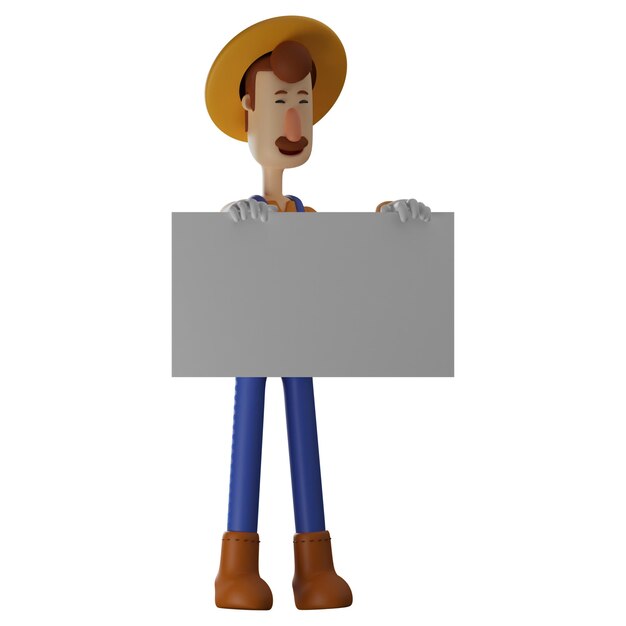 Ilustração 3D Farmer 3D Cartoon Design com papel branco em branco mostrando riso por ter um thi