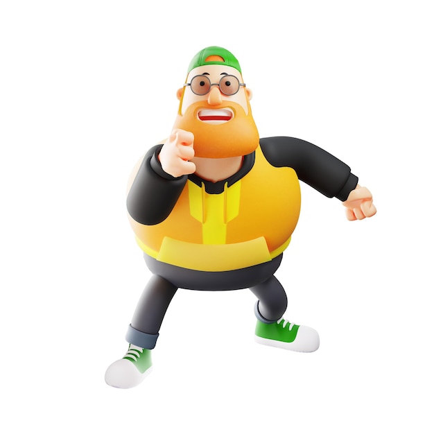 Ilustração 3D Fat Man 3D Cartoon Design em pose de dança engraçada balançando as mãos mostrando um sorriso feliz