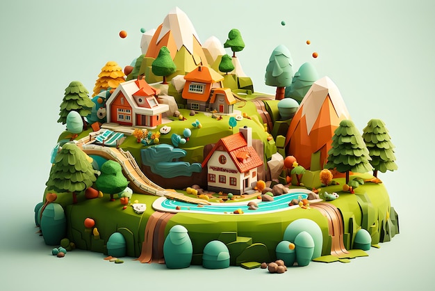 Ilustração 3D Fazenda paisagem panorâmica natureza baixa poli generativa ai