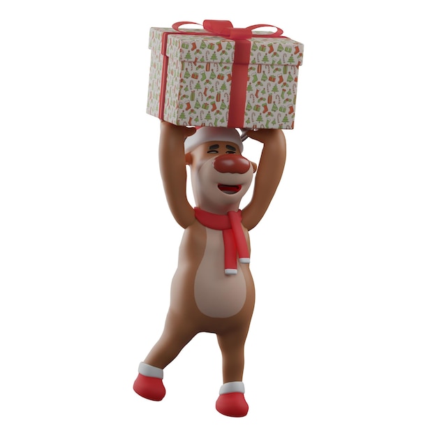 Ilustração 3D Feliz Natal personagem 3D desenho animado Rena tem um grande presente de Natal