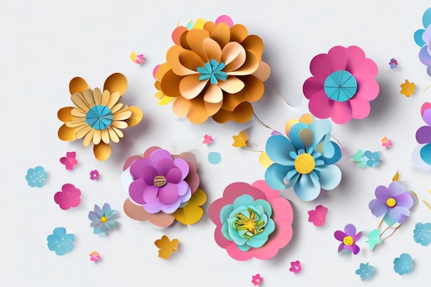 Foto ilustração 3d flores de papel vívidas feriado brilhante fundo floral cartão de felicitações do dia das mães papel de parede de páscoa