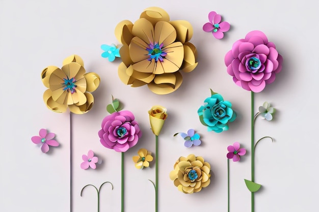 Ilustração 3d flores de papel vívidas feriado brilhante fundo floral cartão de felicitações do dia das mães papel de parede de páscoa