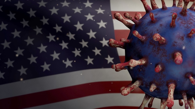 Ilustração 3D Flu coronavirus flutuando sobre a bandeira americana. Bandeira dos EUA acenando com a pandemia do conceito de infecção do vírus Covid19. Close up de estandarte de textura de tecido real