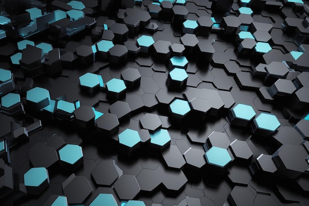 Ilustração 3D Fundo abstrato hexagonal geométrico escuro Conceito futurista e de tecnologia