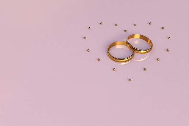 Ilustração 3D Fundo rosa com dois anéis e um coração feito de bolas de ouro.