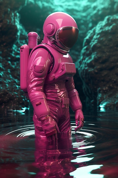 Ilustração 3D futurista de um astronauta ou astronauta rosa com terno rosa no planeta rosa