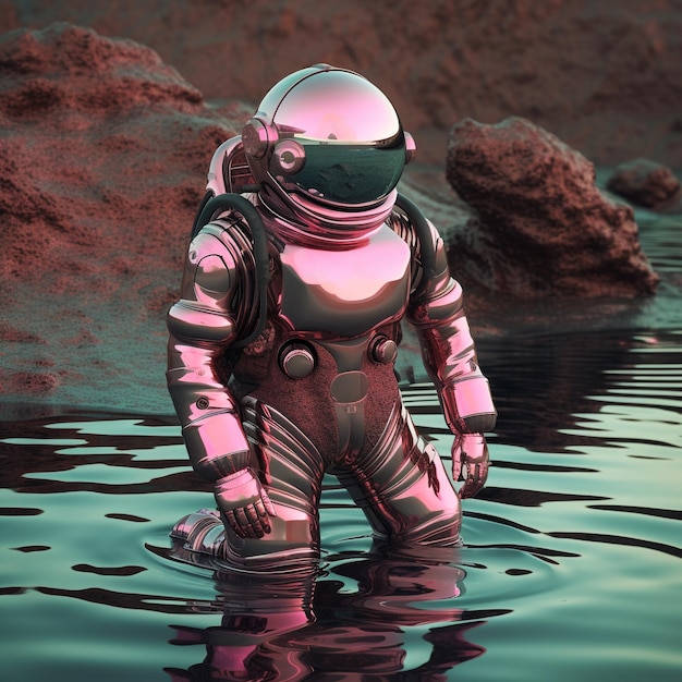 Ilustração 3D futurista de um astronauta ou astronauta rosa com terno rosa no planeta rosa