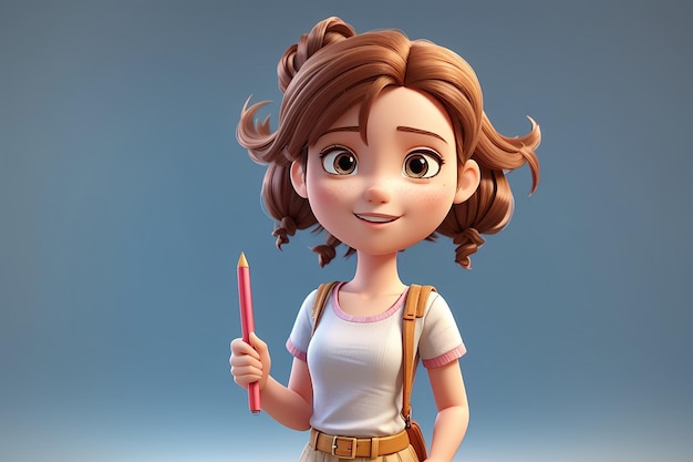 Ilustração 3D garota de desenho animado personagem 3D com lápis conceito de criatividade