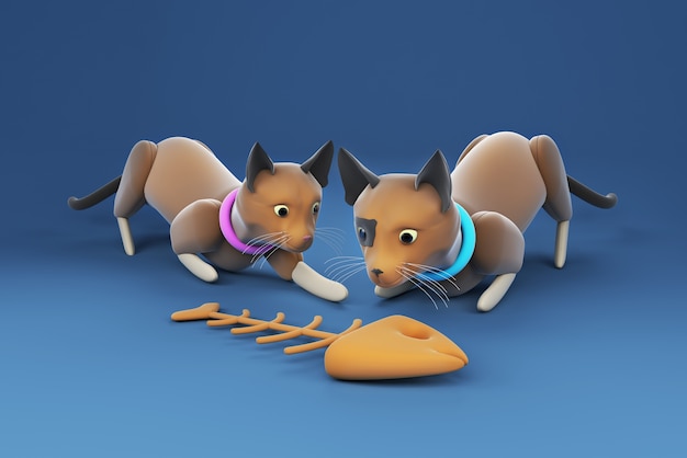 Foto ilustração 3d gato olhando para a espinha de peixe