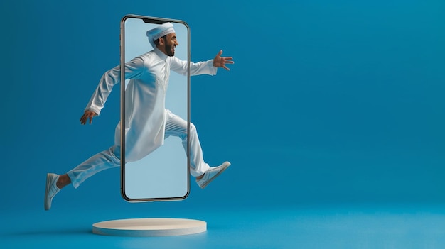 Ilustração 3D homem árabe pulando da tela do smartphone