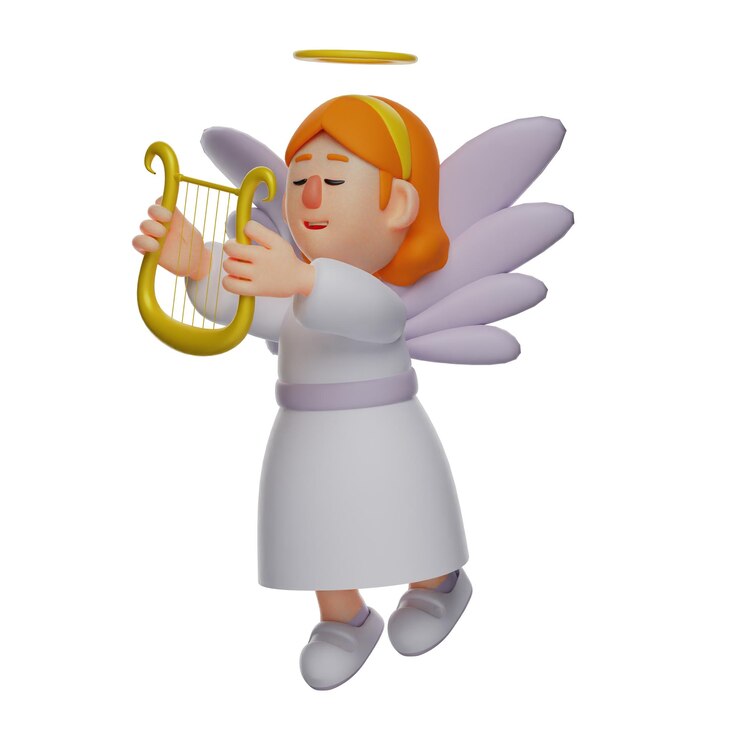 Foto ilustração 3d ilustração de desenho animado 3d anjo personagem tocando a harpa mostrando uma expressão