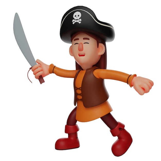 Ilustração 3D Ilustração de um bonito pirata 3D Personagem em uma postura de luta segurando uma espada em h